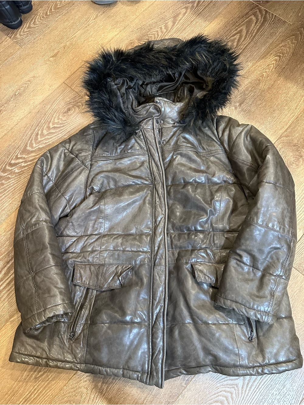 Taupe Leather Hooded Puffer Parka with Faux-Fur Trimmed Hood - brown/taupe - 3XL